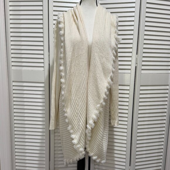 Chico’s White Ribbed Open Front Cardigan with Faux Fur Trim – Size 4 (XXL) - Picture 1 of 8